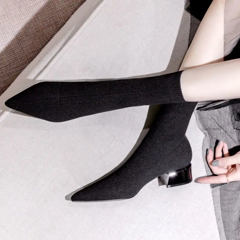 Comemore Women's Dress Pointed Mid-heeled Short Ankle Boot Female Autumn 2023 2024 Knitted Block Low Heel High Socks Boots Shoes