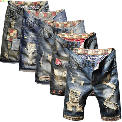 Summer New Men's Blue Vintage Ripped Short Jeans | SAMAG