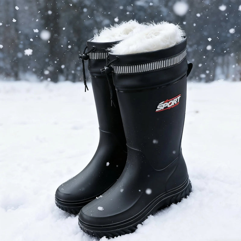 Men's Mid-Calf Plush Lined Rain Boots Waterproof Non-slip Wear-resistant Lightweight Water Shoes for Outdoor Fishing Work