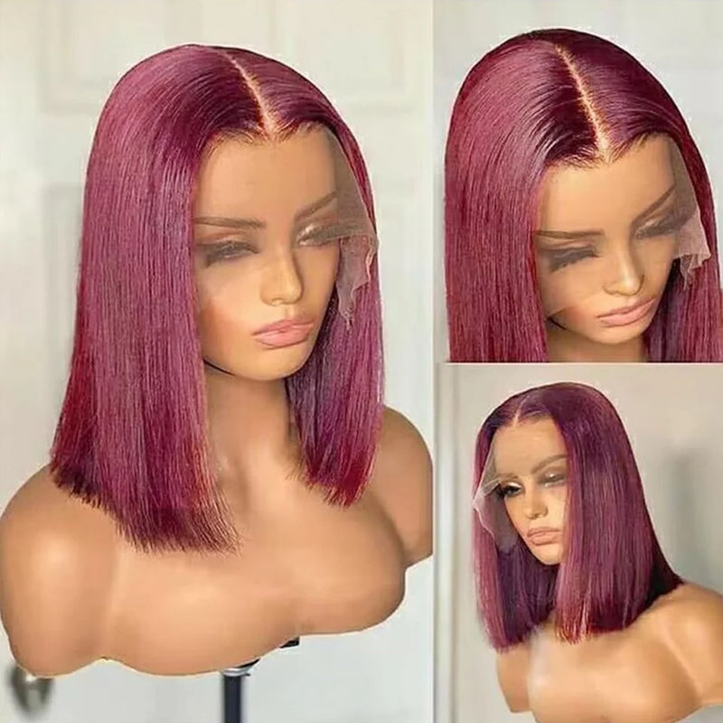 Burgundy Bob Wig 4C Hair Human Hair 13x5x1 Front Lace Straight Bob Wigs 99J Red Short Bob Wig Middle Part 100% Human Hair Wig