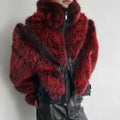 2025 Red Faux Patchwork PU Leather Men Women Fashion Elegant Thick Warm Winter Fur Coat Furry Short Jacket