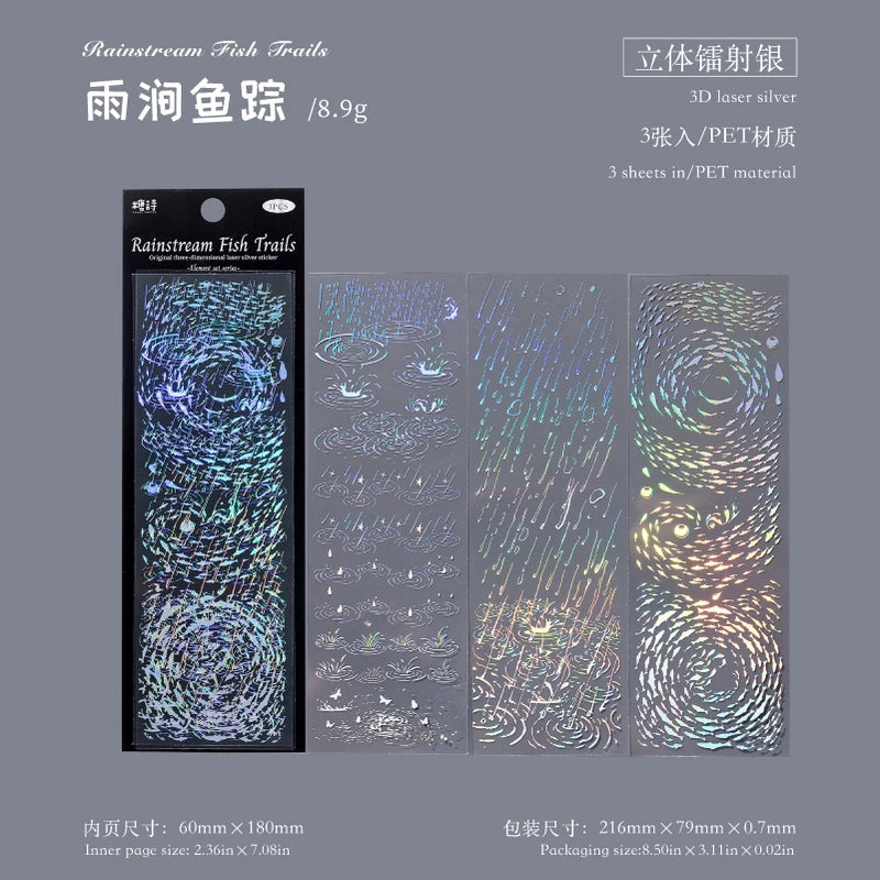 3 Sheets Kawaii PET Laser Silver Sticker Set – DIY Decorative Stickers for Diary Phone Case Scrapbook, Aesthetic Craft Gift for Teens Girls