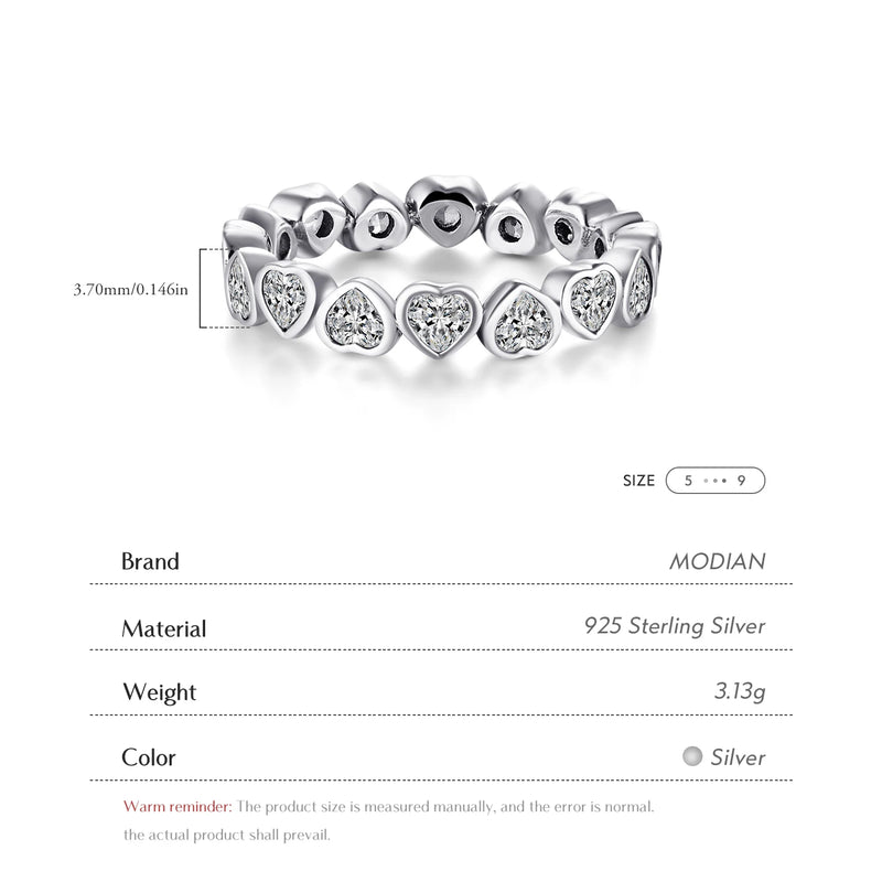 Modian Fashion Classic Cubic Zirconia Jewelry Real 925 sterling silver Love Hearts Ring Eternity Simulated Ring Bands Jewelry