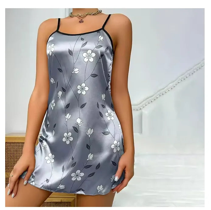 Ladies Sexy Sling Nightgown Nightdress Women's Sexy Lingerie Silk Satin Sleepwear Floral Pinting Nightwear Homewear Mini Dress