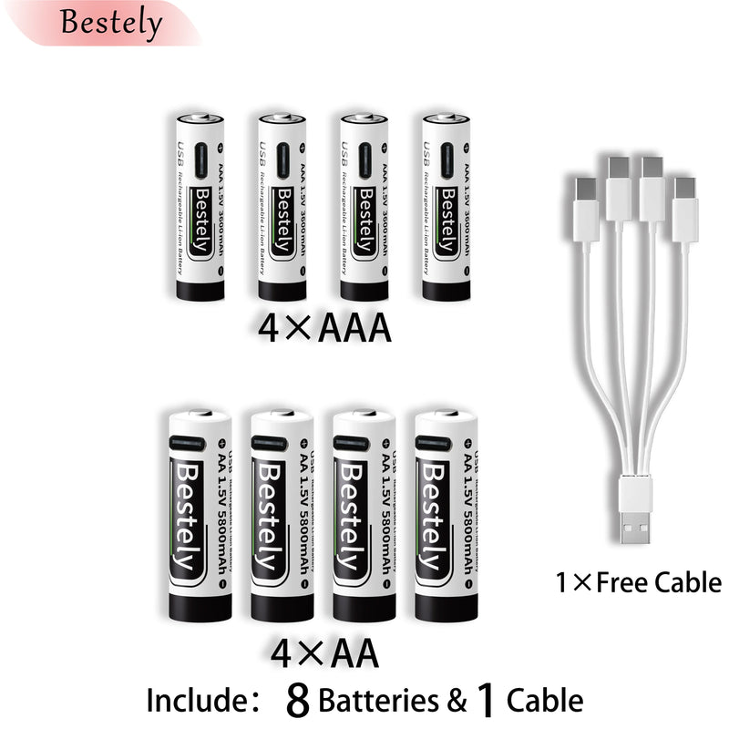 New 1.5V AAA 3600mAh+AA 5800mAh Lithium Ion Rechargeable Battery Fast Charging USB-C Li-ion Batteries 2000 Cycle with Free Cable