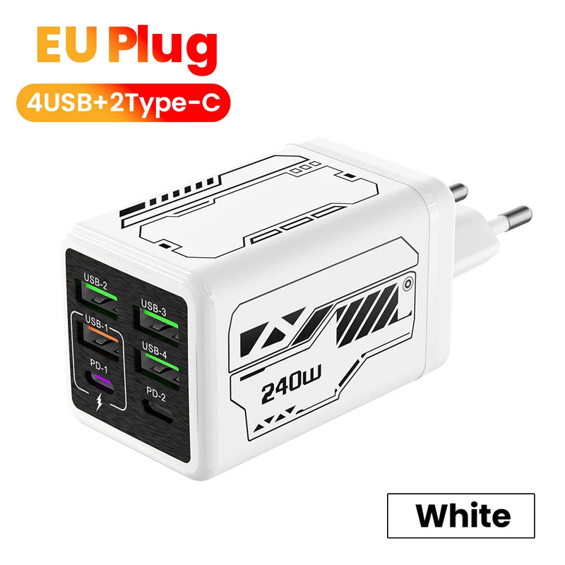 240W 4USB+2Type C Super Fast Charging Mobile Phone Charger 6 Ports USB3.0 PD3.0 EU/UK/US Charger For Iphone 17 16 Samsung POCO