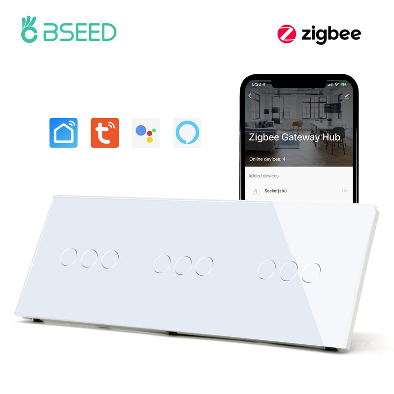 BSEED 1/2/3Gang Zigbee Touch Switch Wall Light Switch With Smart EU Socket Support Google Alexa Tuya Control No Neutral Line