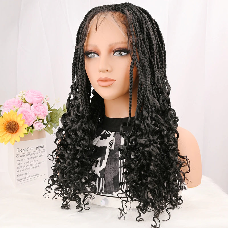 Curly Ends Synthetic Knotless Box Braids Wigs 18 Inch Full Lace Braided Wig with Baby Hair Boho Lace Wig for Quick Installation