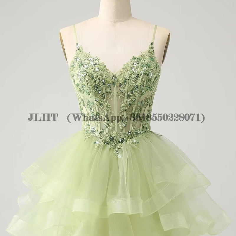 Customized Tiered Tulle A Line Homecoming Dress For Teens Sparkly Lace Applique Beaded Short Prom Dress Mini Cocktail Party Gown