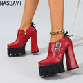 Fashion Spring Autumn Red Women's Shoes Thick Heels 14cm Platform Shallow Mouth Ladies Pumps Back Lace Up Mary Jane Shoes 34-43
