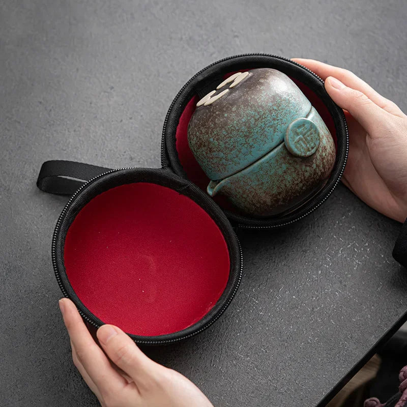 Ceramic Gongfu Travel Tea Set, Gorgeous Chinese Teapot Set with 2 Tea Cups, Portable Carrying Case