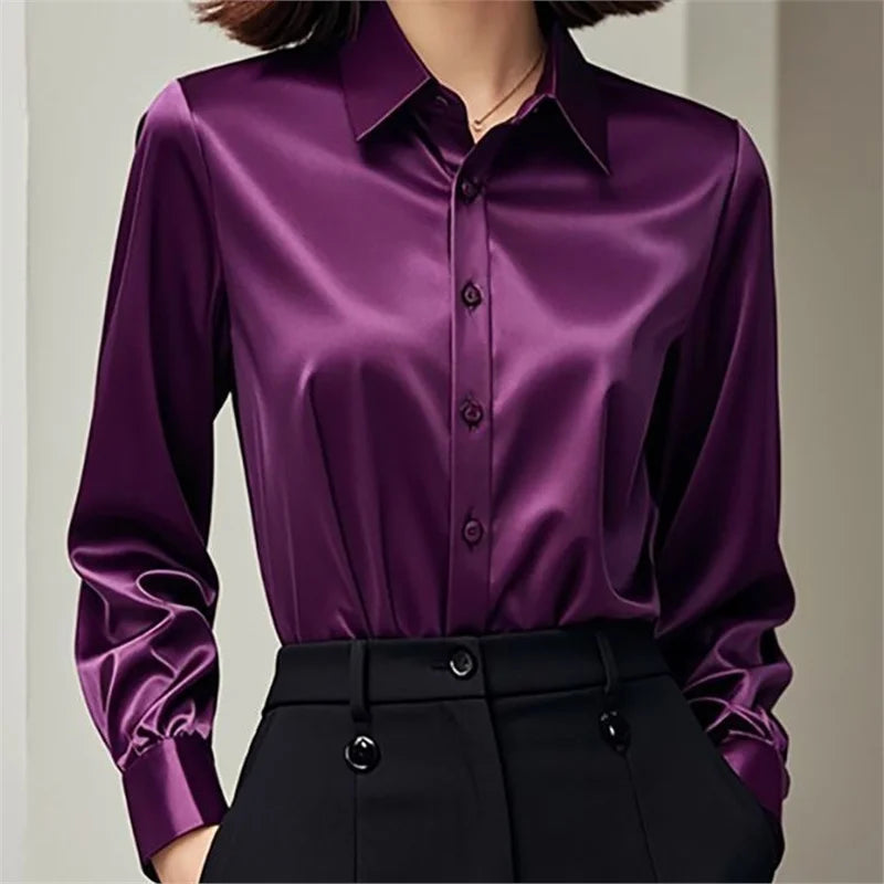 Ele Purple Silk Satin Long Sve Women's irt Profional Faionable Commuting Sle Autumn New Arrival Loose Fit Pol...