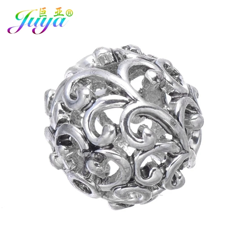 Juya 10 20Pcs/Lot 12mm Engrave Perles Hollow Antique Gold Silver Plated Metal Beads For DIY Women Men Beadwork Jewelry Making