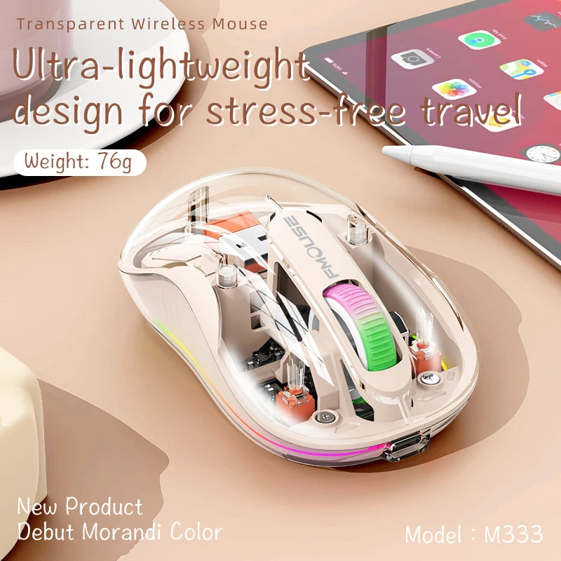 Rechargeable Wireless Mouse Bluetooth Three-Mode Transparent Luminous Ergonomic Silent Magnetic Doll Mouse for Office Laptop