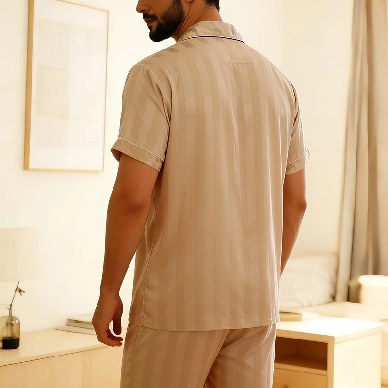 Men'S Striped Set Short Sleeve + Shorts | Soft and Cool, Embroidered "LOVE" Design, Casual Style for Spring/Summer/Fall