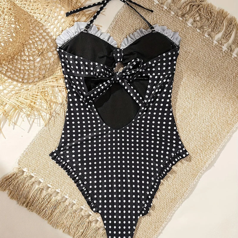 Polka Dot One Piece Swimsuit Sexy Halter Neck with Tie | SAMAG