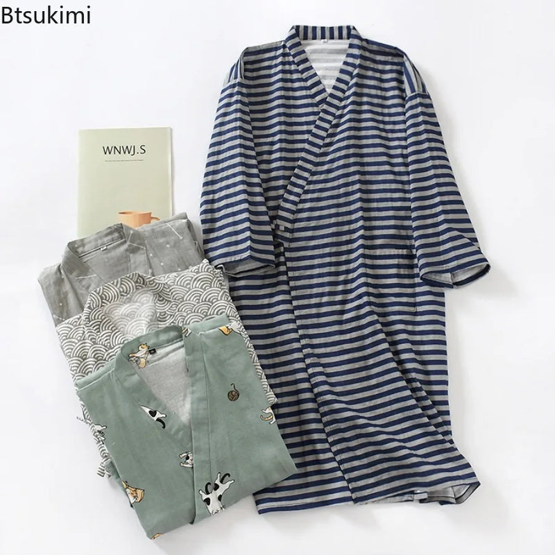 2026 New Men's 100% Cotton Gauze Bath Robes Loose Thin Japanese Kimono Pajamas for Men Casual Lace Up Bathrobes V-Neck Nightgown