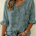 Women's Sage Tiny Dot All Over Print Tie V Neck Blouse Ruffle Cuff Lightweight Casual Shirt