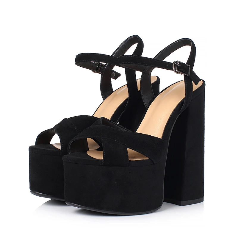 Arden Furtado Women's Summer Embossed Cowhide Platform Shoes Round Toe Super High Heel Sandals Large Size Commuter Footwear