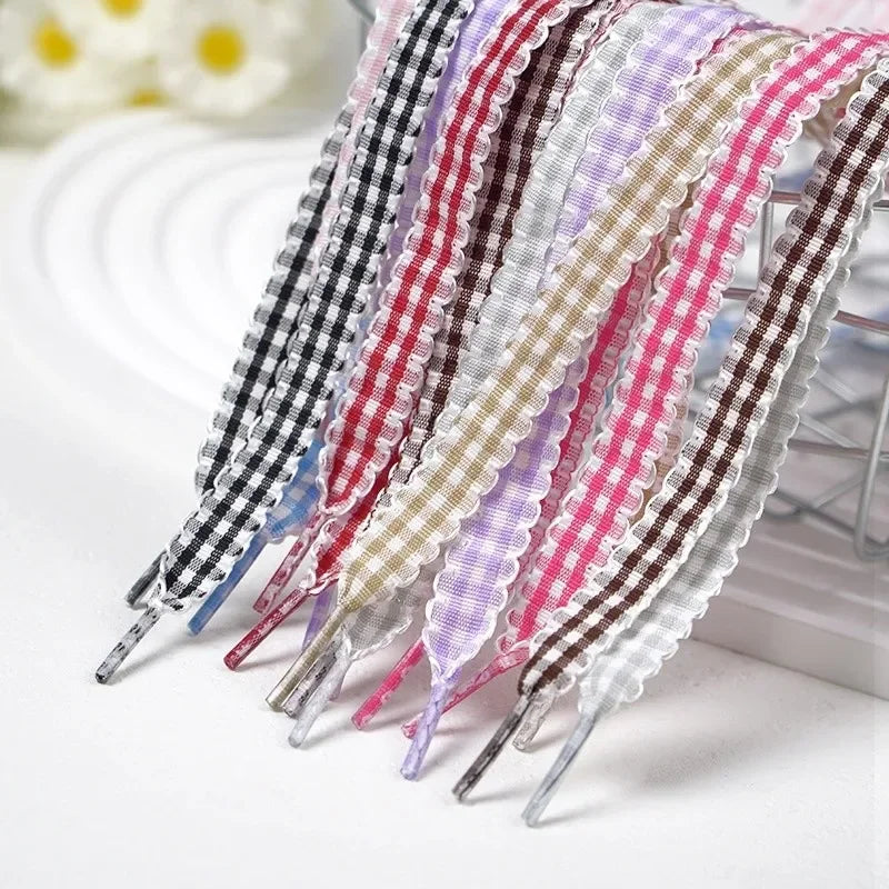 Gingham Ribbon Shoelaces Wave Edge Plaid Flat Shoe Laces Decorative Replacement Laces For Sneakers Casual Shoes