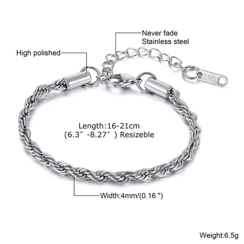 Hip Hop Men's Stainless Steel Rope Chain Bracelets,2/3/4/5mm Gold Color Adjustable Twisted Chain Wristband,Punk Casual Jewelry