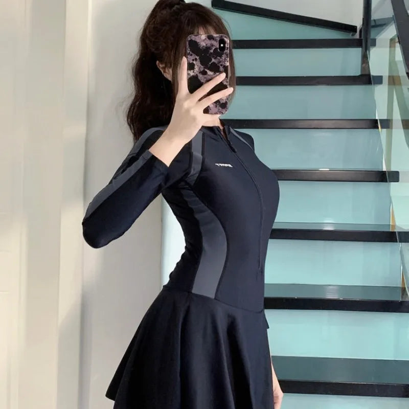 Athletic Long Sleeve One Piece Swimsuit Dress with Zipper | SAMAG