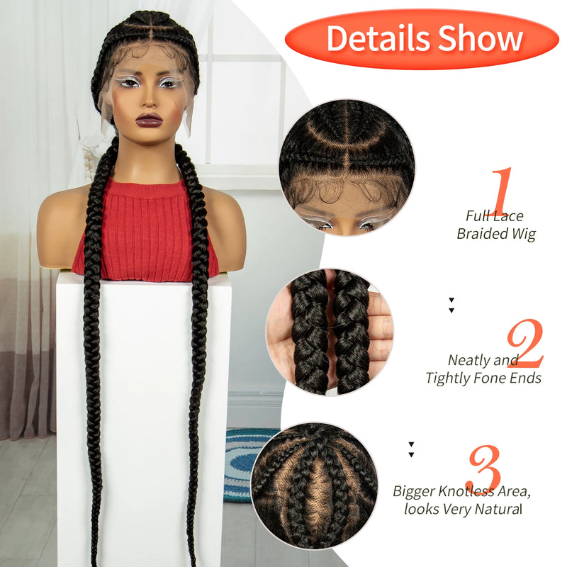 48inch Super Long Cornrow Braided Wigs Synthetic Full Lace Kontless Braids Wig Lace Frontal Braided Lace Wigs for Black Women