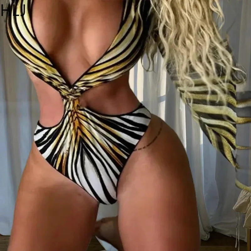 HLJ Sexy Stripe Print Women Swimwear Bodysuits Fashion | SAMAG