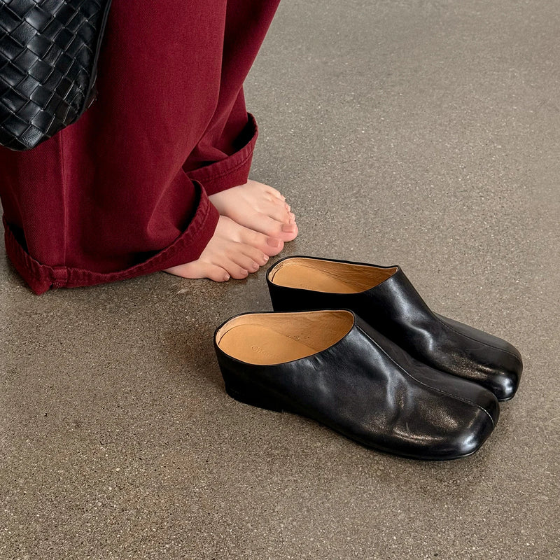 New Genuine Leather Cowhide Women Mules, Square Toe Slip-on Women Slippers,Fashion Flats Women Shoes