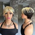 Straight Short Pixie Cut Wigs With Bangs For Women Ombre Brown Red Brazilian Human Hair Wigs Full Machine Made Wigs