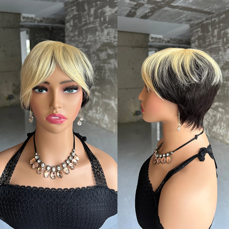 Straight Short Pixie Cut Wigs With Bangs For Women Ombre Brown Red Brazilian Human Hair Wigs Full Machine Made Wigs