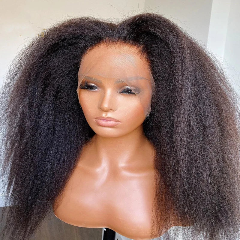 Soft Yaki Natural Black Long Glueless 24Inch Kinky Straight Lace Front Wig For Women With Baby Hair Synthetic Preplucked Daily