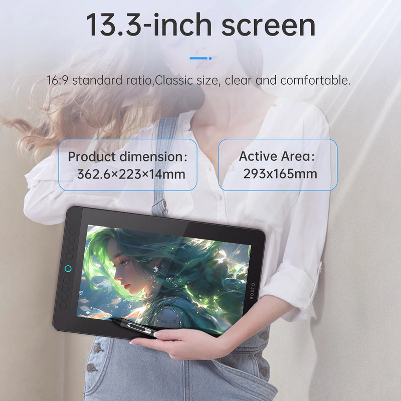 BOSTO BT-13HDK Portable Graphics Drawing Tablet 13.3 Inch H-IPS LED Screen Display Digital Art Drawing Pad 16K Pressure Level