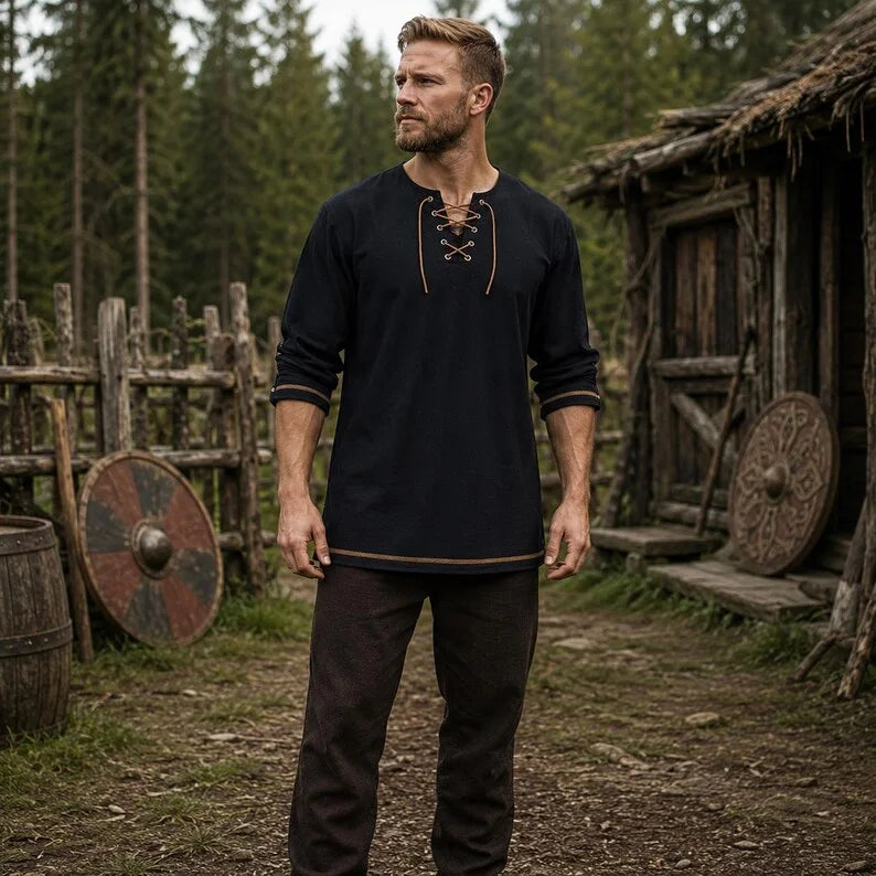 Men Medieval Lace Up Linen Long Sleeve Tunic Viking | SAMAG
