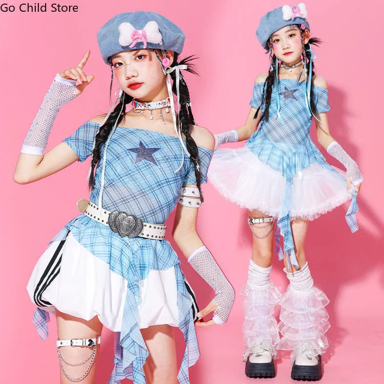 Girls K - pop Off Shoulder Crop Top Tutu Skirt Kids Hip Hop - View 5 | SAMAG
