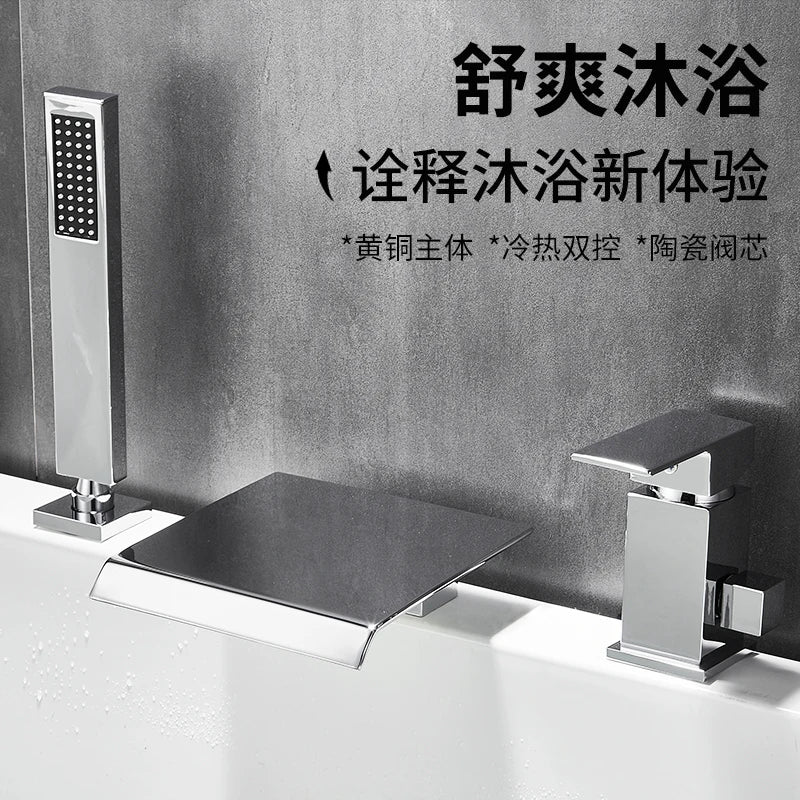Waterfall Bathtub Faucet Deck Mounted 3 Holes Bathroom Tub Sink Mixers with Handshower Widespread Bath Tub Tap Gold/Black/Gold