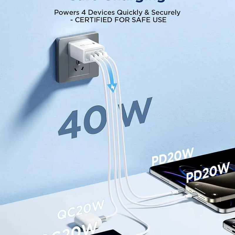 EU/UK/US/AU Wall Plug Multi-Port USB-C/USB-A Mobile Phone Charger, 40W Dual PD Fast Charging Block Adapter For iPhone Xiaomi