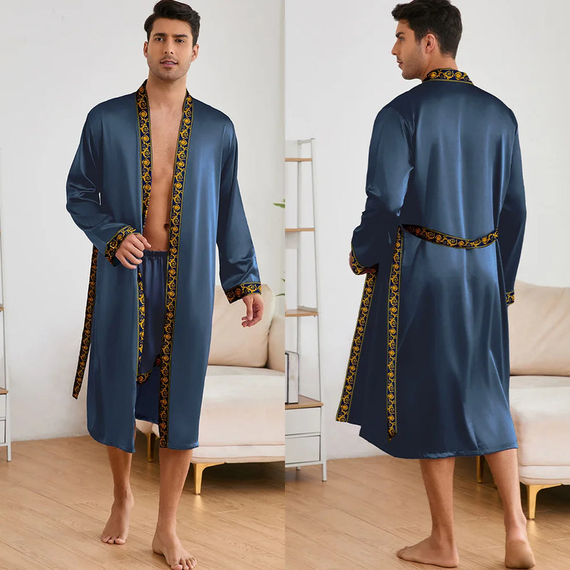 Men Long Nighty&Robe Set Summer Ice Silk Pajamas Set Sleepwear Loose Casual Home Clothes Nightwear Male Loungewear