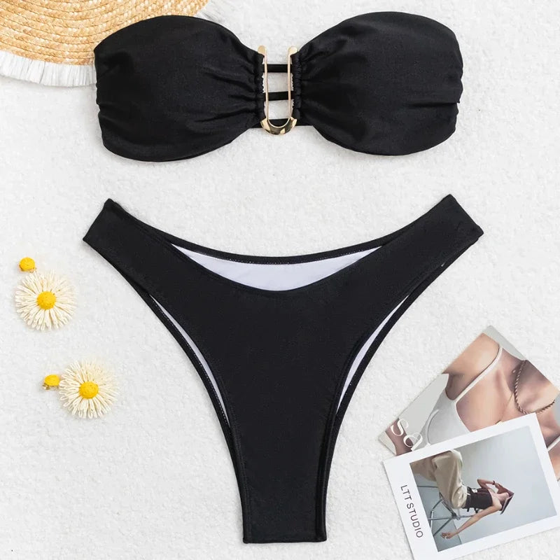 Summer Push Up Bandeau Swimsuit Straps Bikini Set Solid | SAMAG