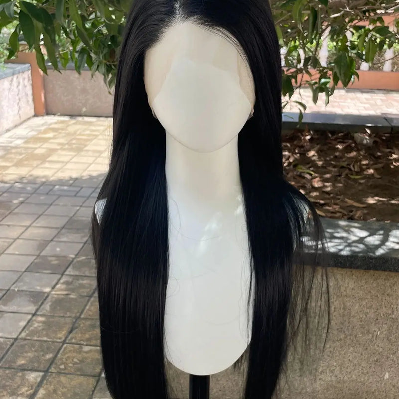 #1B Jet Black Synthetic Hair Full Lace Wigs for Black Women Heat Resistant 26 Inch Long Straight Full Hand Tied Free Part 150%