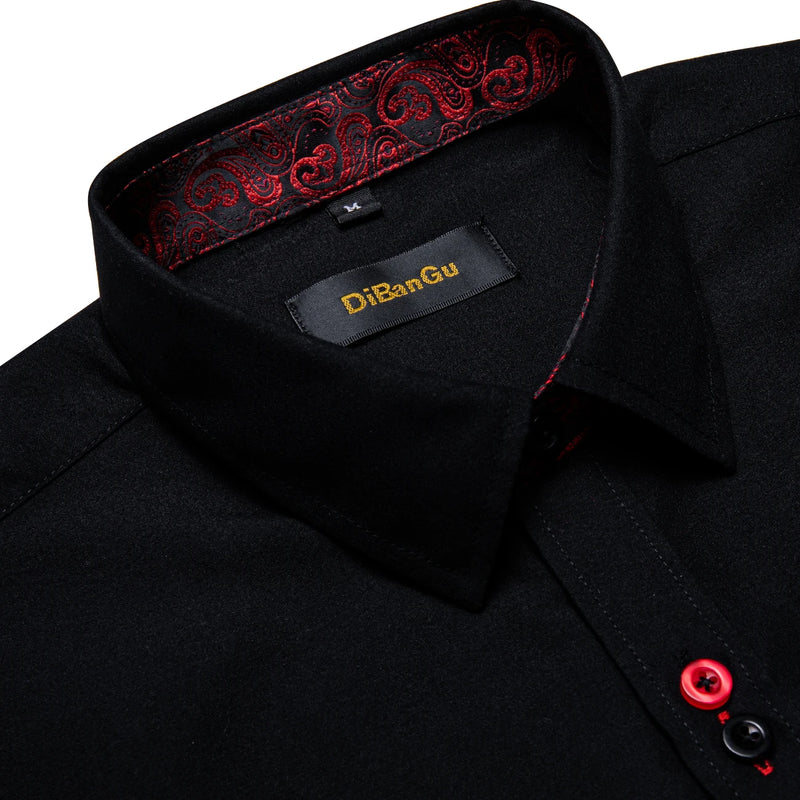 DiBanGu Men Shirt Long Sleeve Black Solid Red Paisley | SAMAG