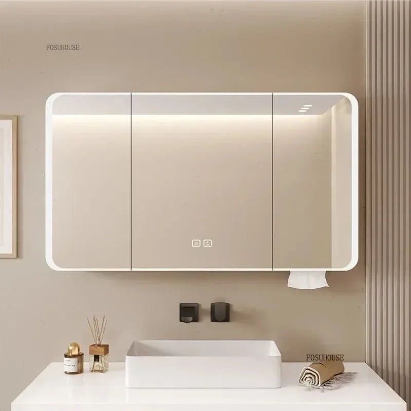Minimalist Modern Arc-shaped Smart Bathroom Mirror Cabinets Home Furniture Wall-mounted Bathroom Mirror Cabinet with Lighting b