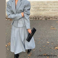 Women Two Piece Skirt Set Women Puff Sleeve Lapel Blazer Coat High Waist Pleated Midi Skirt Suit Autumn Lady Formal Outfit