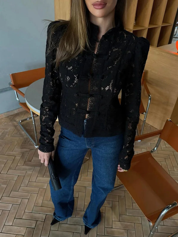 Tossy Summer Lace Printed Shirts Tops Female Hollow Out - View 6 | SAMAG