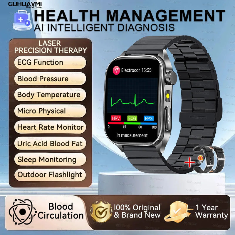 Health managed Non-Invasive Laser Physiotherapy Smart Watch Blood Pressure Uric Acid Call ECG+PPG 650nm Laser Smart Watch 2026