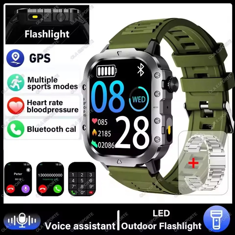 2026 New Military Smart Watch Men IP67 3ATM Outdoor Sports Fitness Tracker Blood Pressure Health Monitor BT Calls GPS Smartwatch