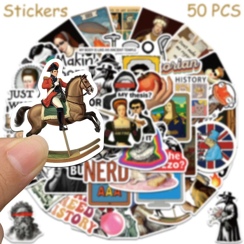 50pcs Funny History Stickers Decals For Phone Laptop Skateboard Refrigerator Helmet DIY Cartoon Waterproof Stickers For Students