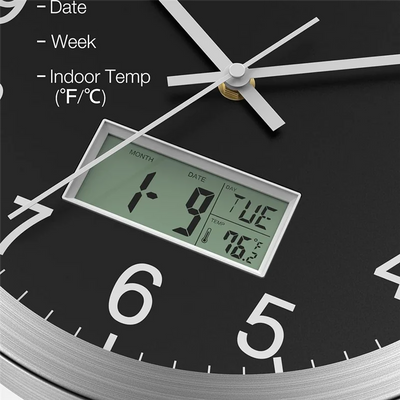 12Inch Wall Clock With Digital Date, Week & Indoor Temp | SAMAG