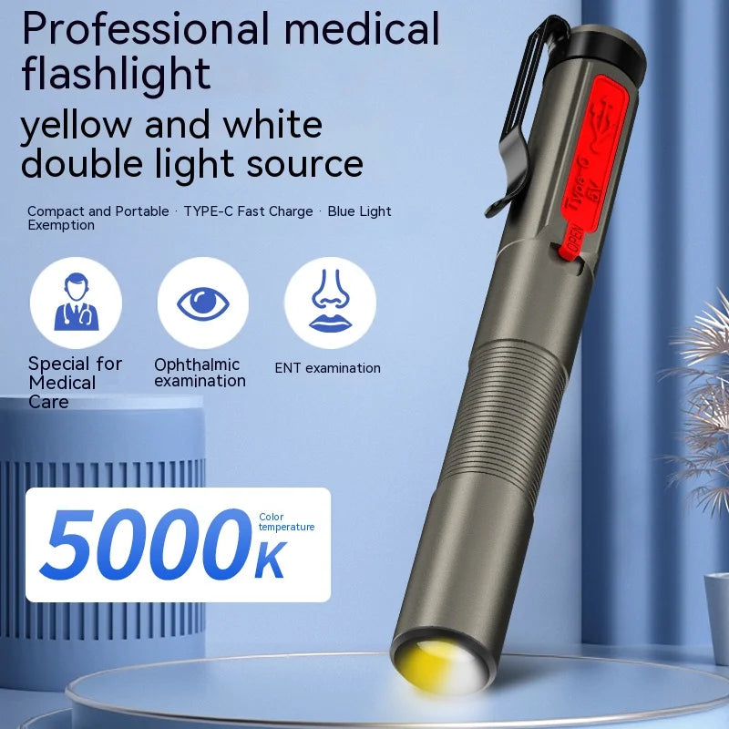 Rechargeable Medical Handy Pen Light Dual Light Source LED Flashlight Mini Pocket Doctor Oral Examination Penlight Clip Lamp