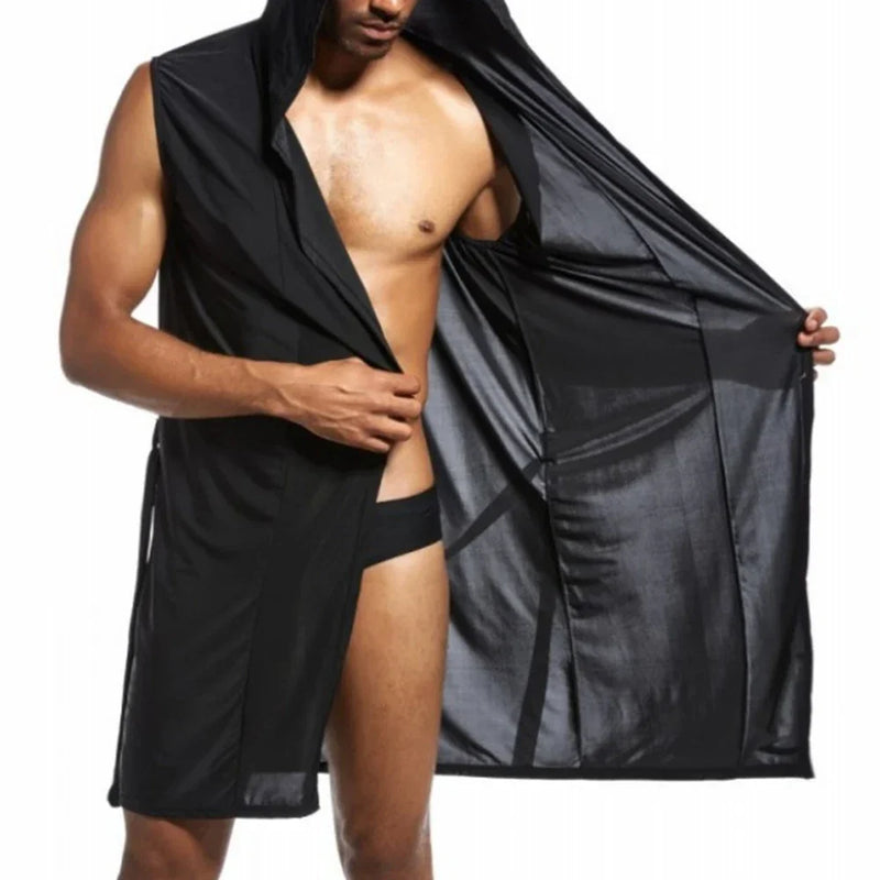 Men's Home Bathrobe Sleeveless Silky Smooth Soft Hooded Sleeping Robe Pajama Comfortable Ultra-thin Lingerie Loose Bathing Suits